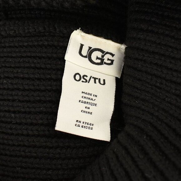 UGG Mens Black Ribbed Knit Beanie Leather Palm Patch Tech Glove Set L/XL NWT - Picture 3 of 3